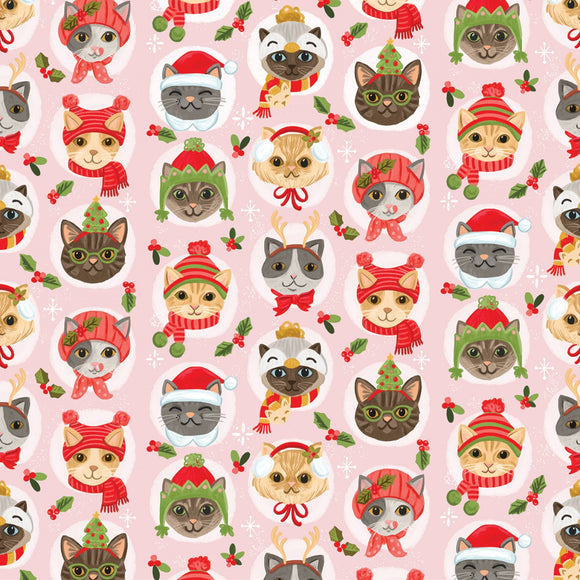 Pink Cat Faces In Holiday Hats by Timeless Treasures