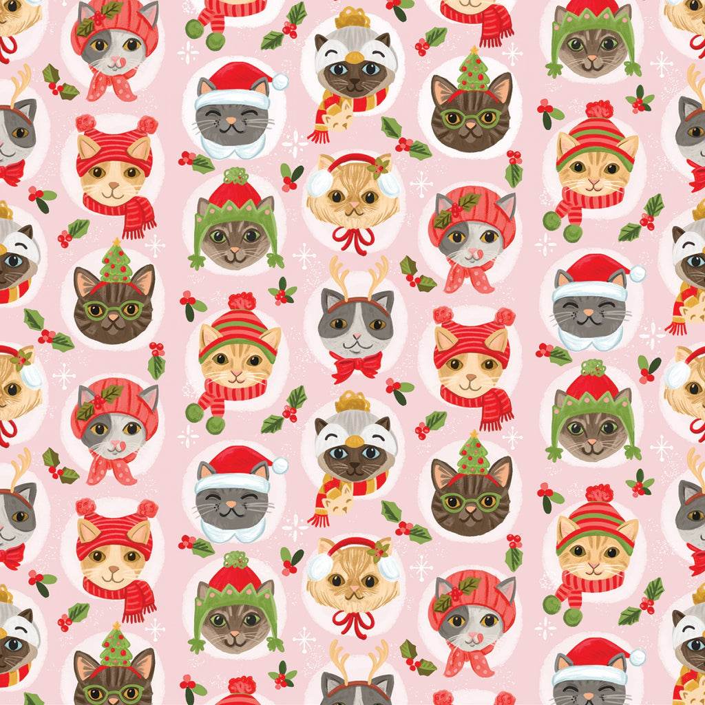 Pink Cat Faces In Holiday Hats by Timeless Treasures