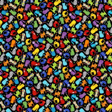 Colorful Cats on a Black Background,  comes in half yard increments - 0
