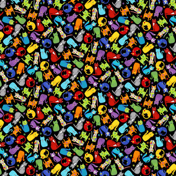 Colorful Cats on a Black Background,  comes in half yard increments