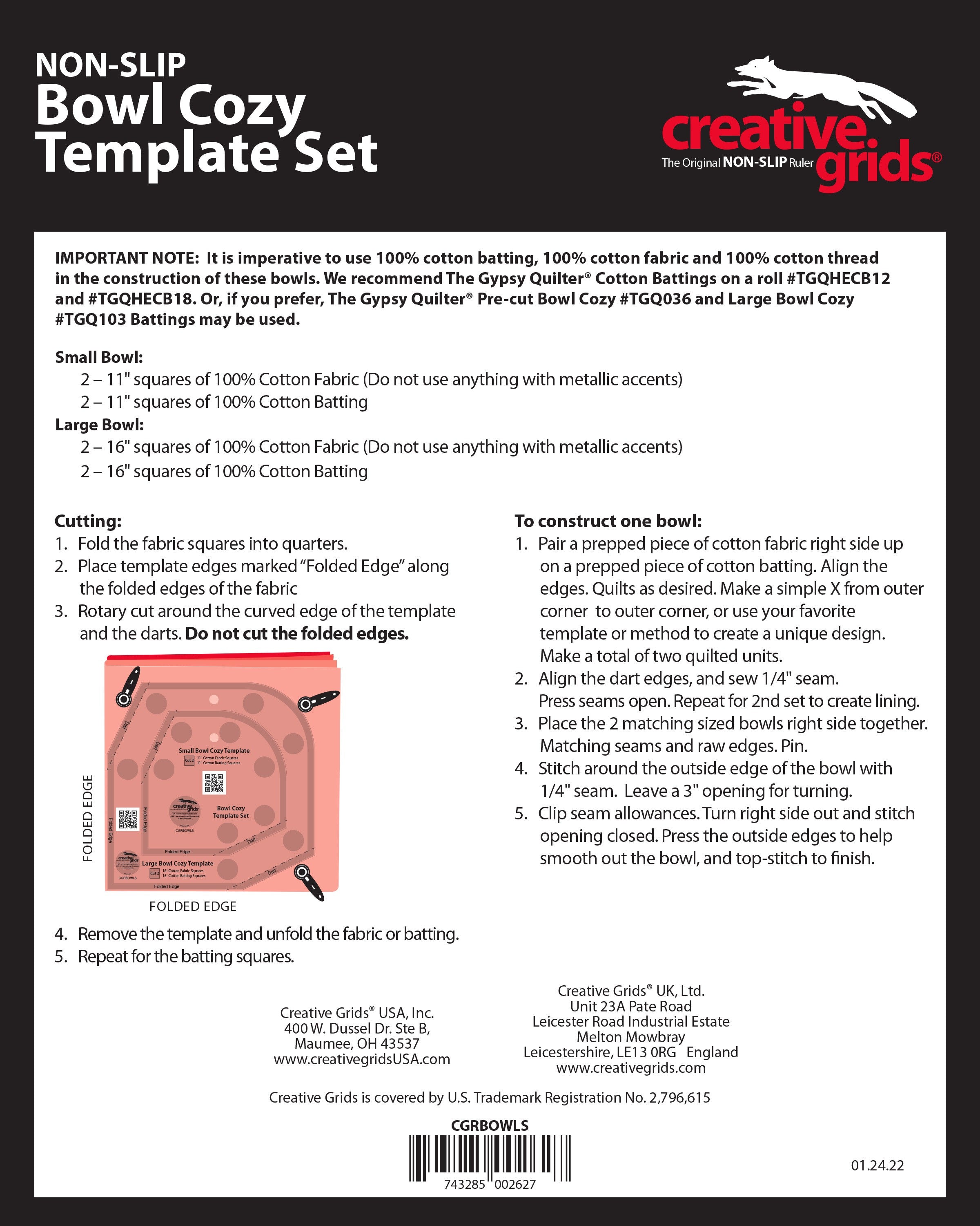 Creative Grids Bowl Cozy Template Set with Batting