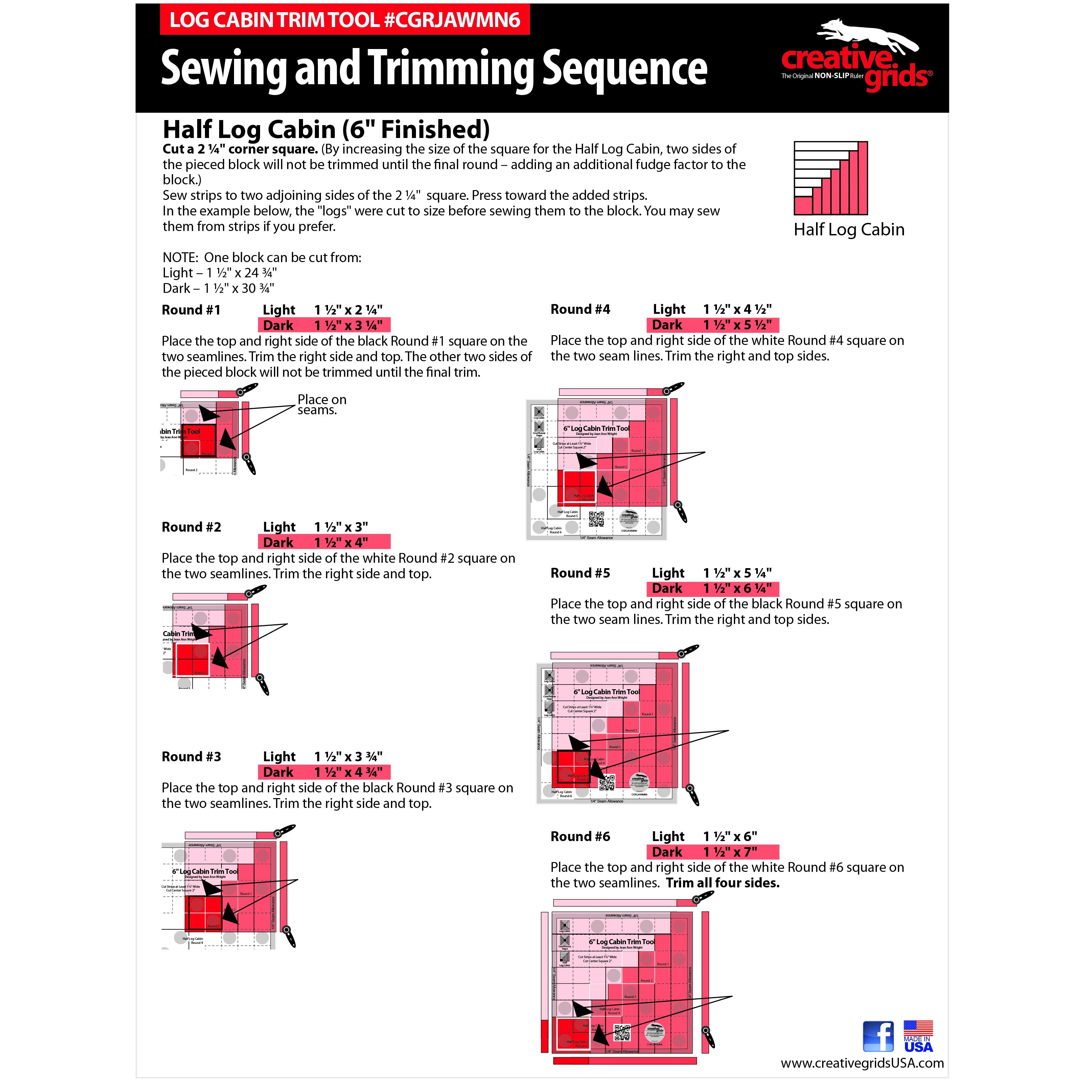 Creative Grids 6in Log Cabin Trim Tool Quilt Ruler