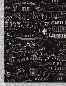 CHALKBOARD HAPPY WORDS FUN-C2786  BLACK,  sold in half yard increments