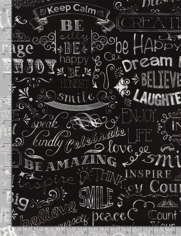CHALKBOARD HAPPY WORDS FUN-C2786  BLACK,  sold in half yard increments  Fabric - StoryQuilts.com