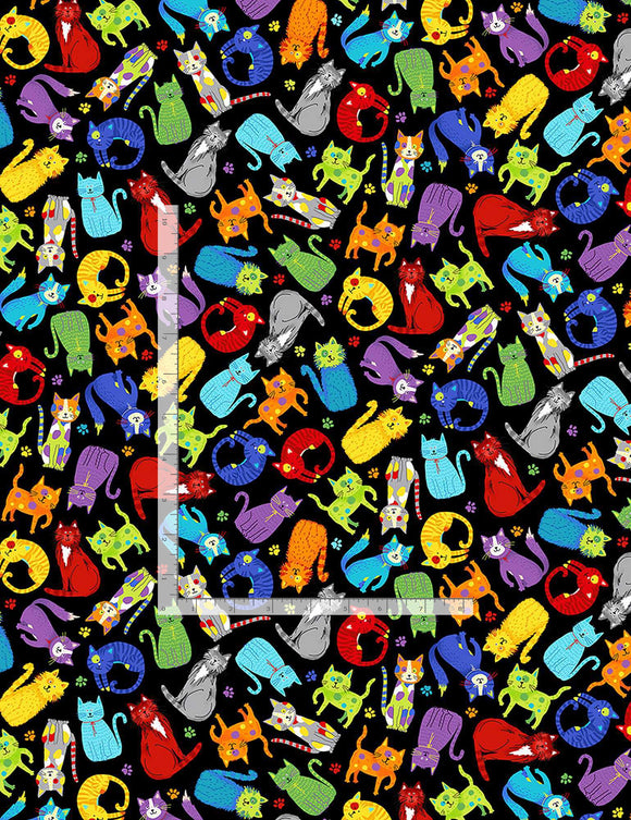 Colorful Cats on a Black Background,  comes in half yard increments