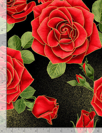 GILDED RED METALLIC ROSES LARGE  Fabric - StoryQuilts.com