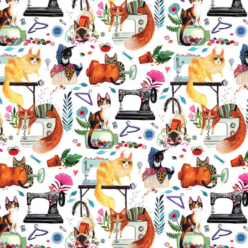 Sew Mischievous Cats on White Background, sold in 1/2 yatd increments  Fabric - StoryQuilts.com
