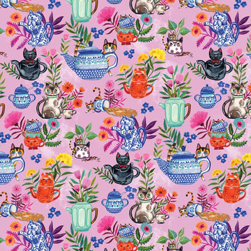 Sew Mischievous Pink Cat Tea Party,  comes in half yard increments  Fabric - StoryQuilts.com