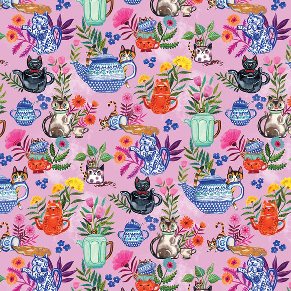 Sew Mischievous Pink Cat Tea Party,  comes in half yard increments