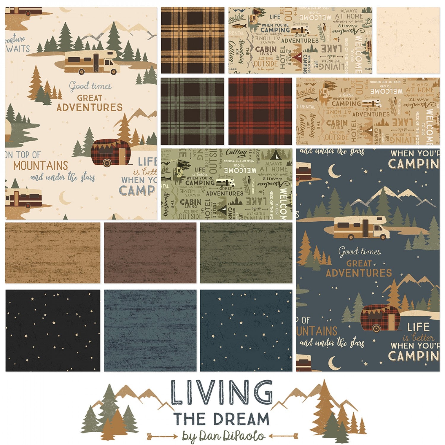 Living sold the Dream FQ Bundle - Clothworks - Dan DiPaolo - Camping - Outdoors - 15 fat quarters + 2 panels