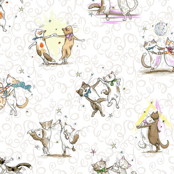 White Dancing Cats  Fabric - StoryQuilts.com