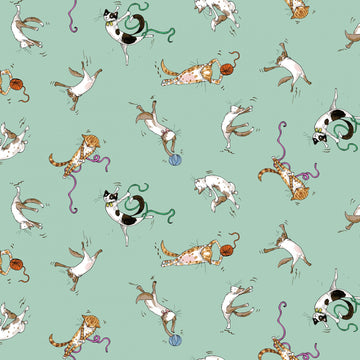 Mint Single Cats  Fabric - StoryQuilts.com
