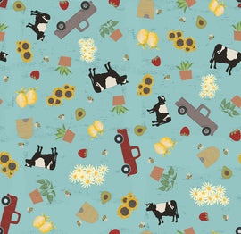 Happy Day Farm - Light Teal Digital Farm Life,  sold in half yard increments