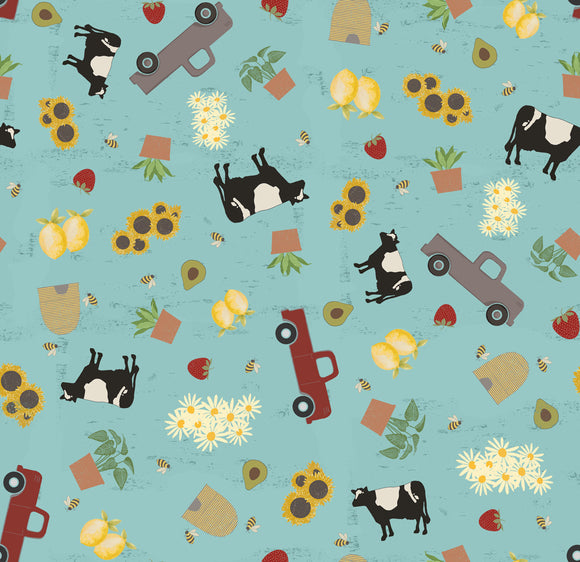 Happy Day Farm - Light Teal Digital Farm Life,  sold in half yard increments