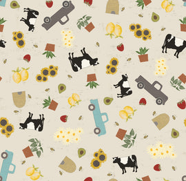 Happy Day Farm - Light Khaki Digital Farm Life, sold in half yard increments