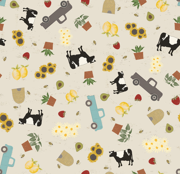 Happy Day Farm - Light Khaki Digital Farm Life, sold in half yard increments