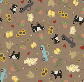 Happy Day Farm - Light Brown Digital Farm Life,  sold in half yard increments